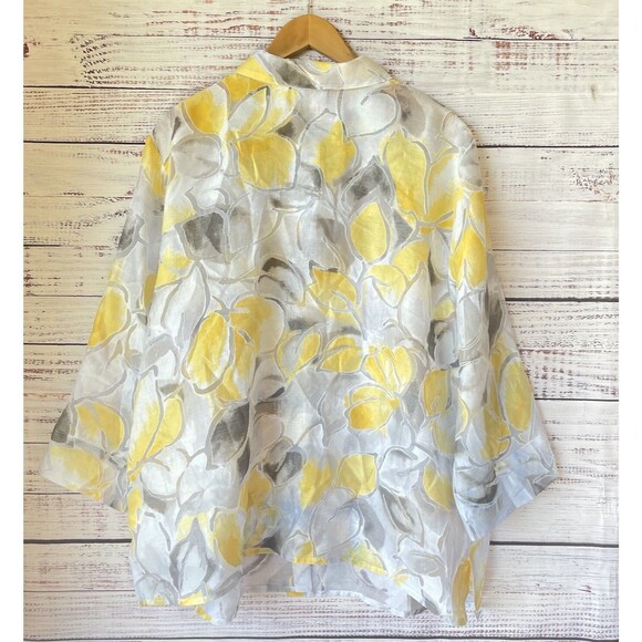 Plus Size 20W Floral Burnout Button Up Blouse Topper Semi Sheer Yellow Gray BOHO - Picture 2 of 10